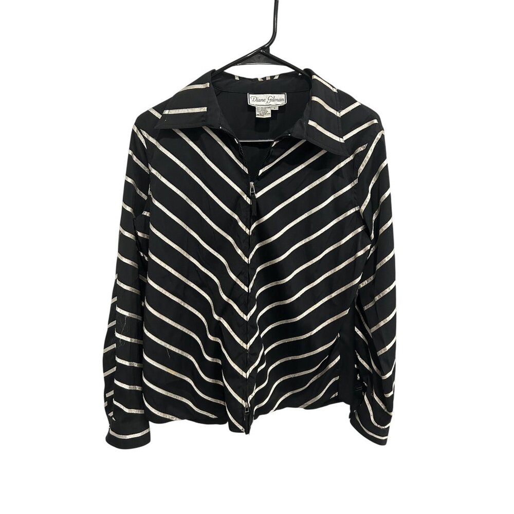 Diane Gilman Shirt Black White Striped Zip Up Collared Size S Quiet Luxury Retro